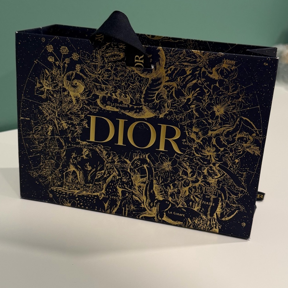 LIKE NEW! Dior Navy & Gold Gift Bag w/ Logo Ribbon | 5.5 x 7.5 inches